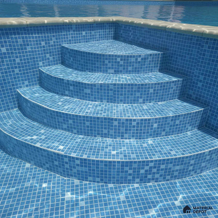Modern outdoor pool with blue mosaic tiles on steps and walls