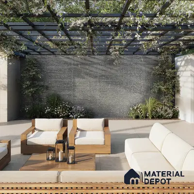 Modern Outdoor Seating with Wooden Pergola and Nature-Inspired Elements | Material Depot