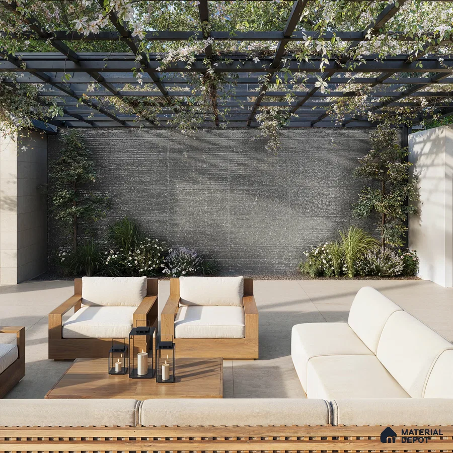Modern Outdoor Seating with Wooden Pergola and Nature-Inspired Elements | Material Depot