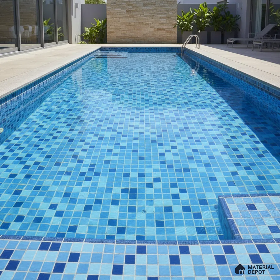 Modern outdoor swimming pool with blue mosaic tiles and stone cladding accent wall
