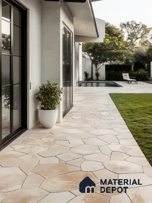 Modern Outdoor Walkway with Beige Organic Stone Tiles and Poolside View | Material Depot