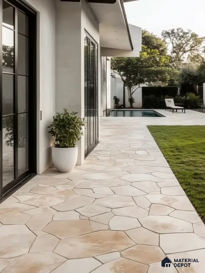 Modern Outdoor Walkway with Beige Organic Stone Tiles and Poolside View | Material Depot