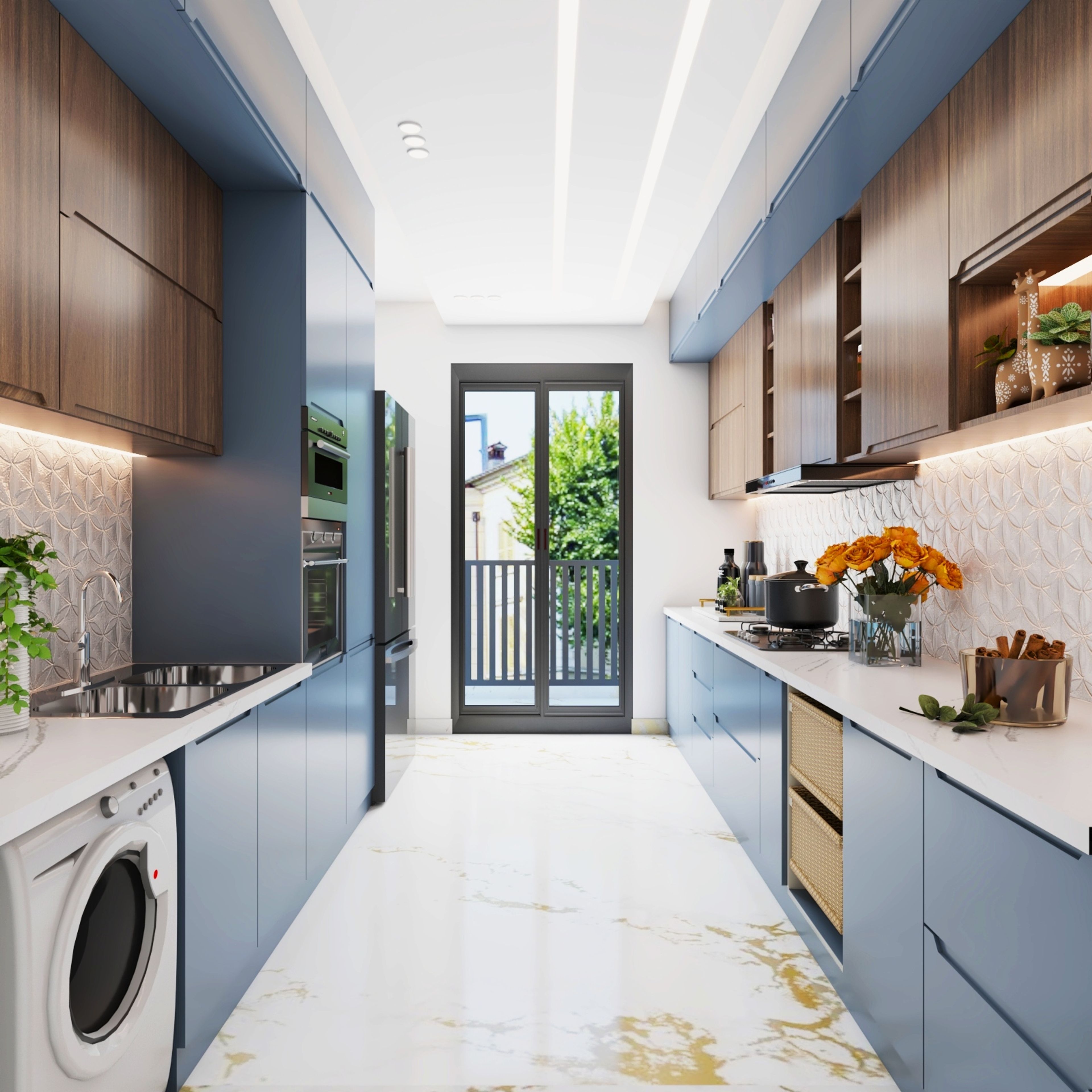 Modern parallel kitchen with blue matte laminate, walnut wood laminate, white quartz countertop, and 3D geometric backsplash tile in Bengaluru | Material Depot