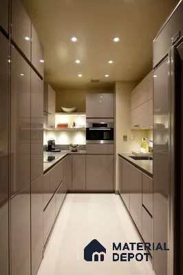 Modern parallel kitchen with glossy taupe laminate cabinets and beige quartz countertop in Bengaluru | Material Depot