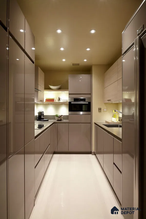 Modern parallel kitchen with glossy taupe laminate cabinets and beige quartz countertop in Bengaluru | Material Depot