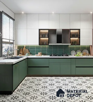 Modern L Shape Kitchen with Green Cabinets and Patterned Tiles in 3BHK Apartment, Brigade Metropolis Mahadevpura Whitefield | Material Depot