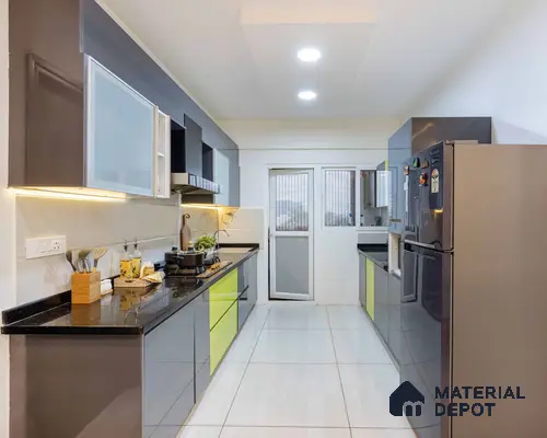 Modern parallel kitchen with grey and lime green high gloss laminate, black granite countertop, and white floor tiles in Bengaluru | Material Depot