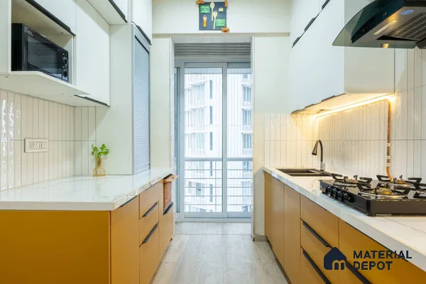 Modern parallel kitchen with mustard yellow laminate, white quartz countertop, and vertical white subway backsplash tiles in Bengaluru | Material Depot