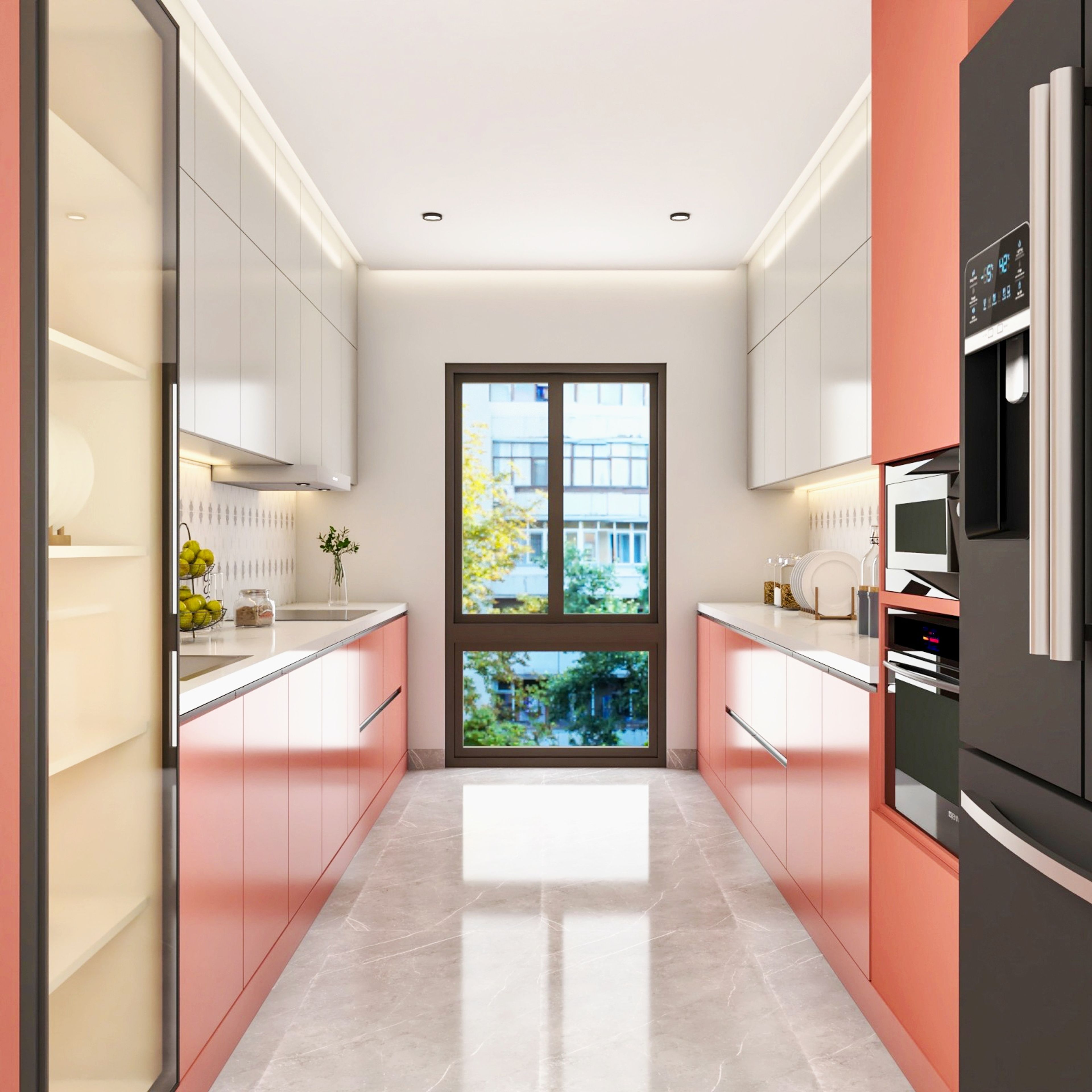 Modern parallel kitchen with pastel peach laminate, frosty white laminate, and white marble floor tile in Bengaluru | Material Depot