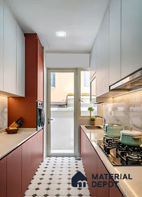 Modern parallel kitchen with terracotta laminate, white marble backsplash, and geometric patterned floor tiles in Sattva Oppus Whitefield 3 BHK Bengaluru Apartment