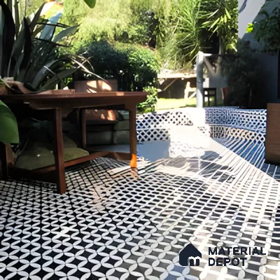 Modern Patio with Patterned Tiles and Outdoor Furniture | Material Depot