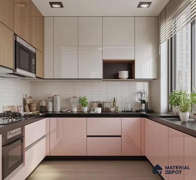 Orange Solid Colors look Ferrero 1E234 HGL Soft Peach Pink 8 ft x 4 ft High Gloss Finish Decorative Laminate - 1 mm | Suitable for Living Room, Kitchen, Office | Matching E3 Edgeband Code - (1060 HG)