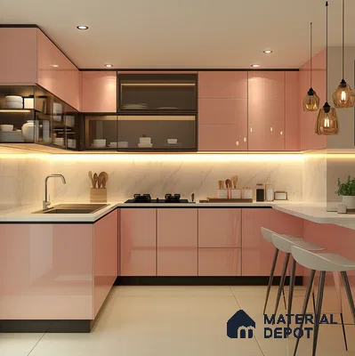 Modern Pink Glossy Kitchen with Marble Backsplash and Pendant Lights | Material Depot