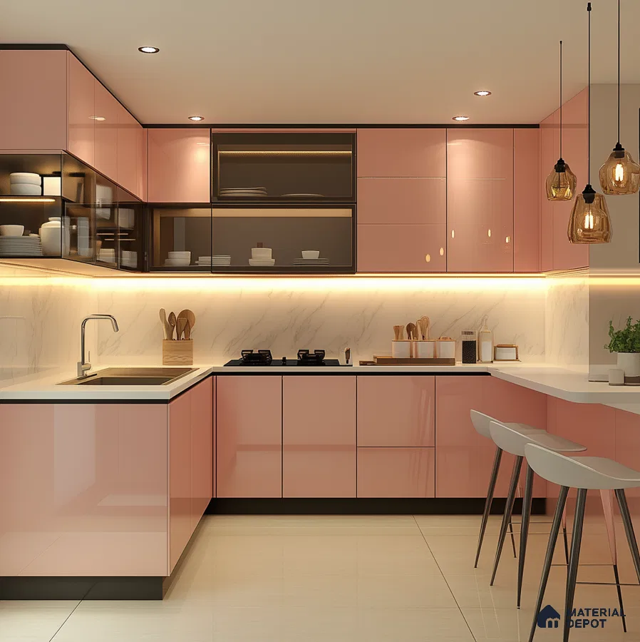 Modern Pink Glossy Kitchen with Marble Backsplash and Pendant Lights | Material Depot