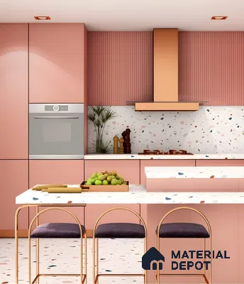 Modern Pink Terrazzo Kitchen With Copper Accents And Fluted Detailing | Material Depot