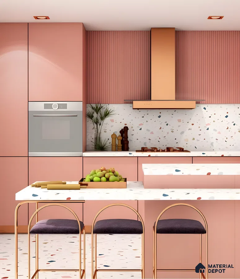 Modern Pink Terrazzo Kitchen With Copper Accents And Fluted Detailing | Material Depot