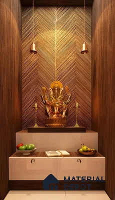 Modern Pooja Nook with Textured Backdrop | Material Depot