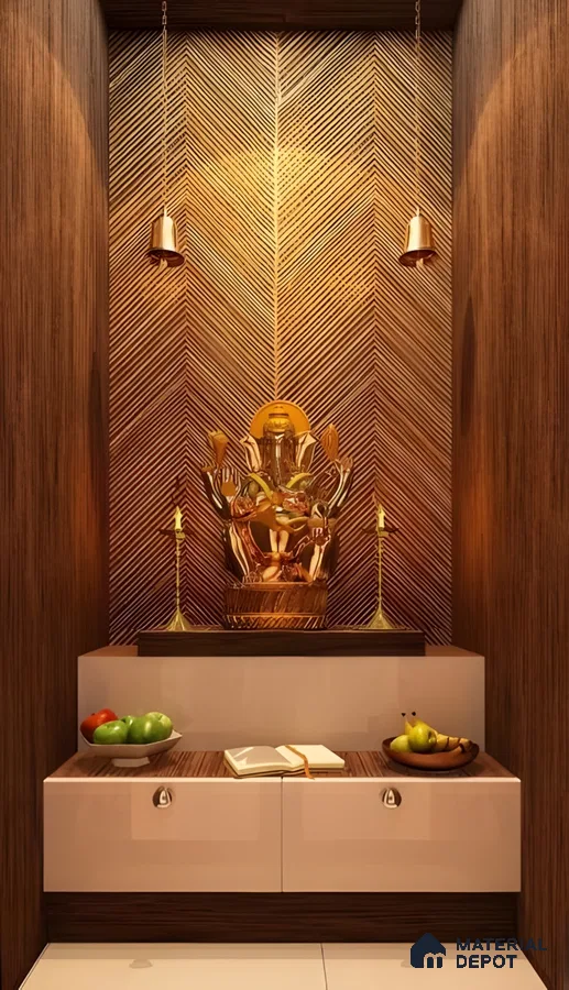 Modern Pooja Nook with Textured Backdrop | Material Depot