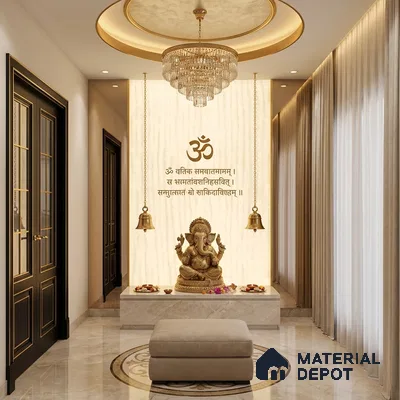 Modern pooja room with alabaster backlit panel, marble flooring, and gold accents