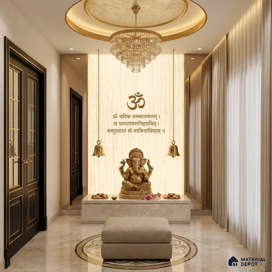 Modern pooja room with alabaster backlit panel, marble flooring, and gold accents