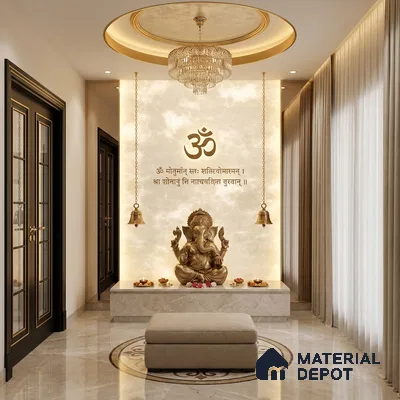 Modern pooja room with alabaster backlit wall panel and marble floor tile