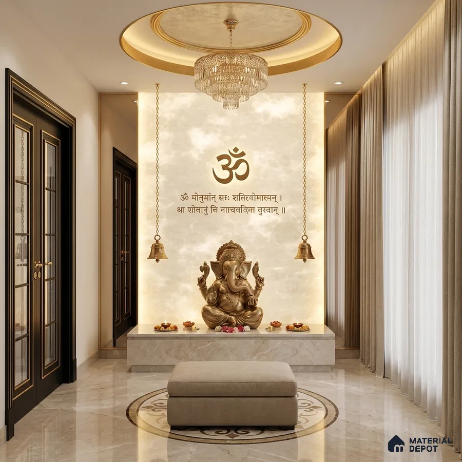 Modern pooja room with alabaster backlit wall panel and marble floor tile