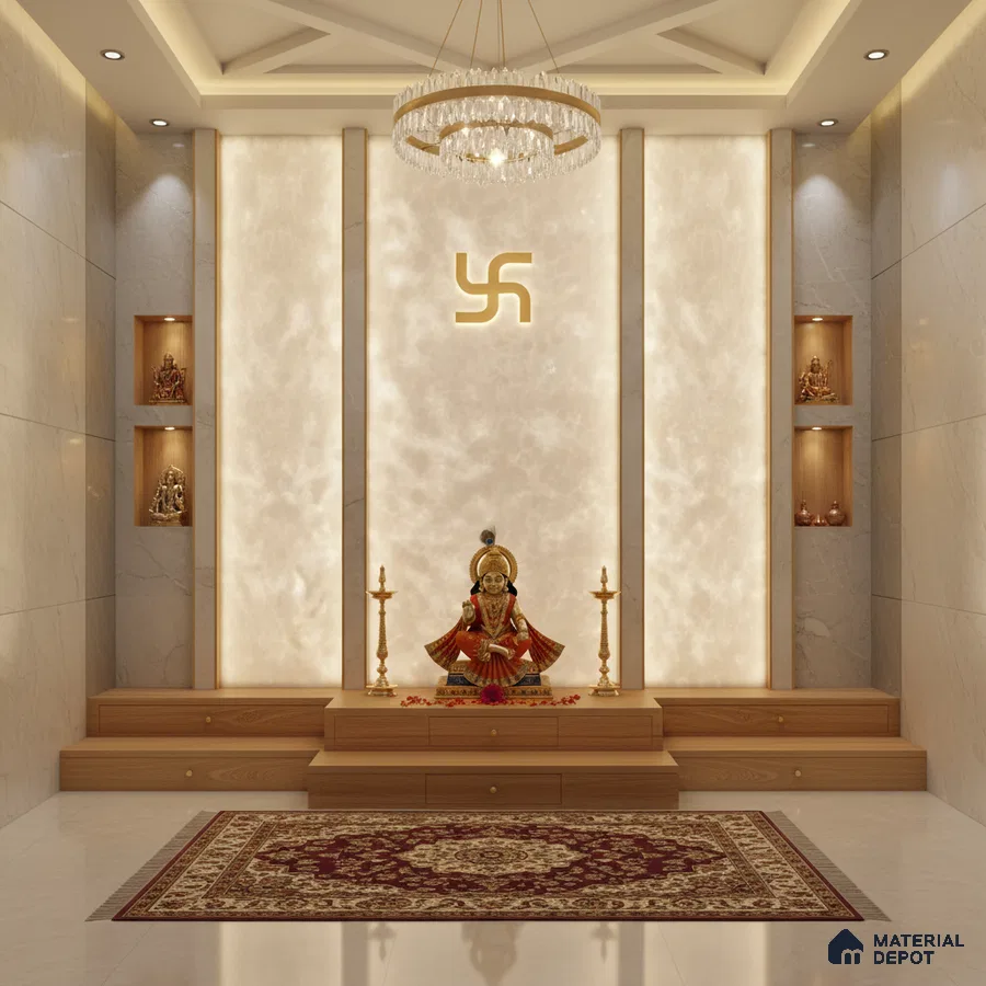 Modern pooja room with alabaster backlit wall panel, marble wall tiles, and natural wood platform