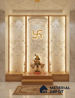 Modern pooja room with alabaster backlit wall panel, white marble floor tile, and light wood laminate platform