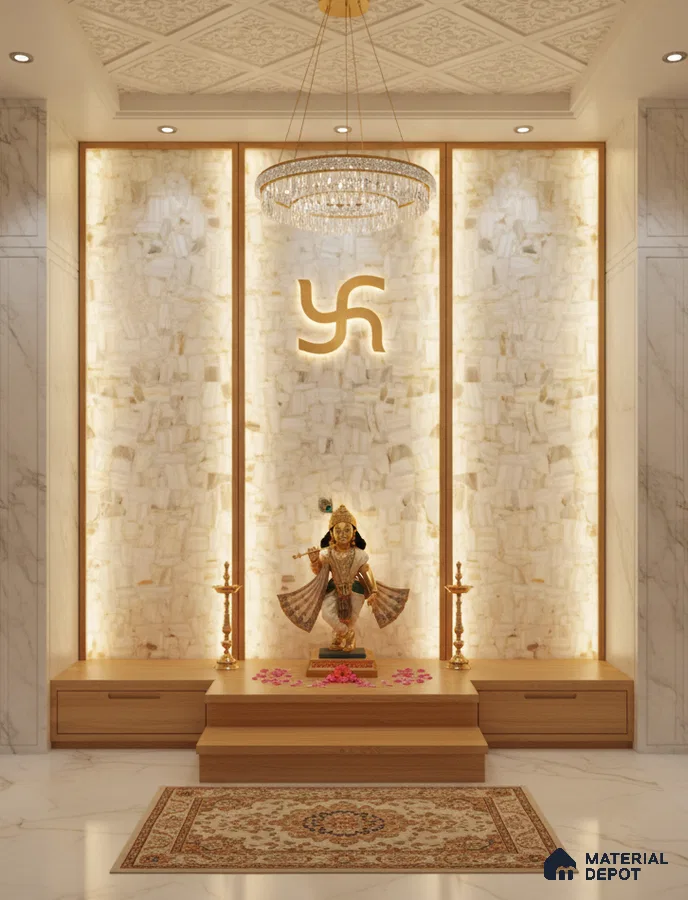 Modern pooja room with alabaster backlit wall panel, white marble floor tile, and light wood laminate platform
