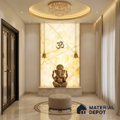 Modern pooja room with backlit alabaster panel and beige marble flooring