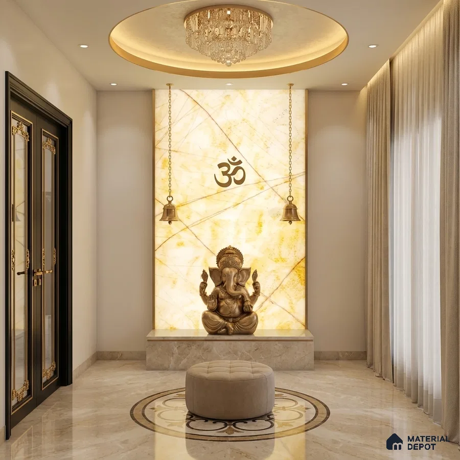 Modern pooja room with backlit alabaster panel and beige marble flooring