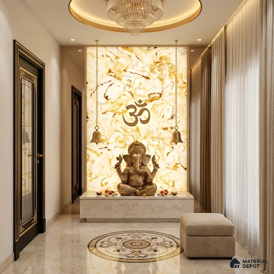 Modern pooja room with backlit alabaster panel and beige marble flooring
