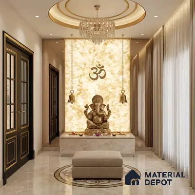 Modern pooja room with backlit alabaster panel and marble floor tile