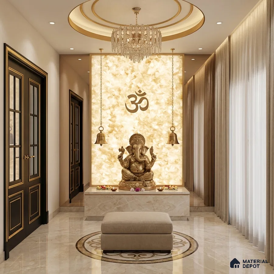 Modern pooja room with backlit alabaster panel and marble floor tile