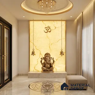 Modern pooja room with backlit alabaster panel and marble floor tile