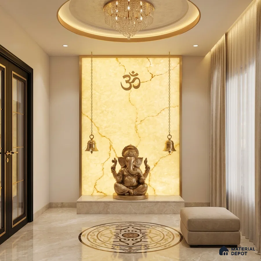 Modern pooja room with backlit alabaster panel and marble floor tile