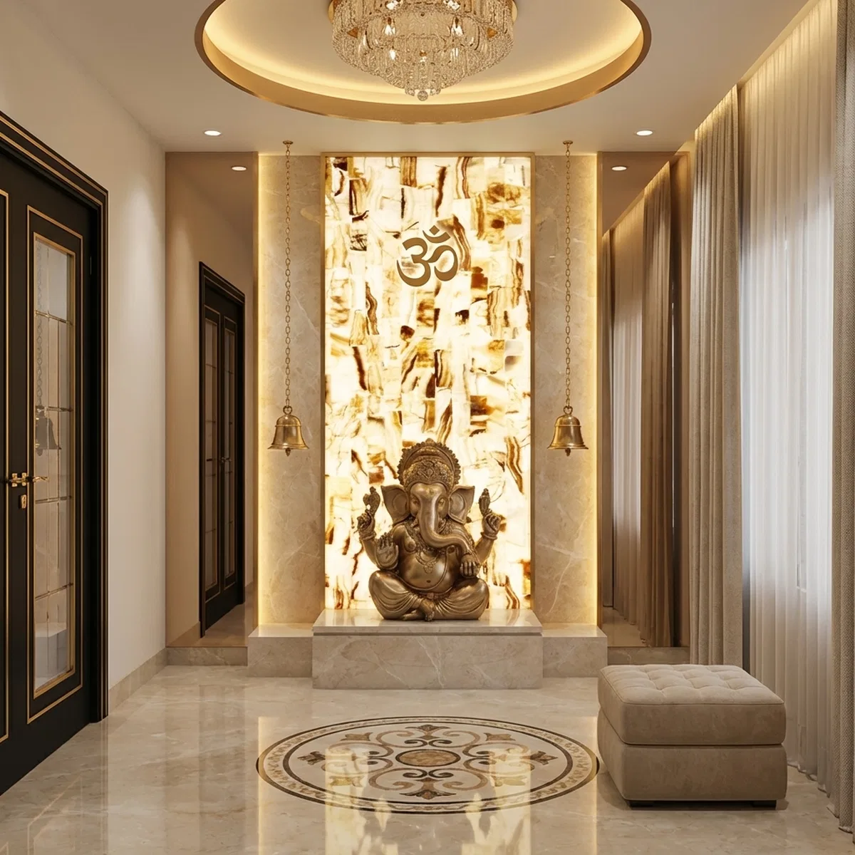 Modern pooja room with backlit alabaster panel, beige marble cladding ...