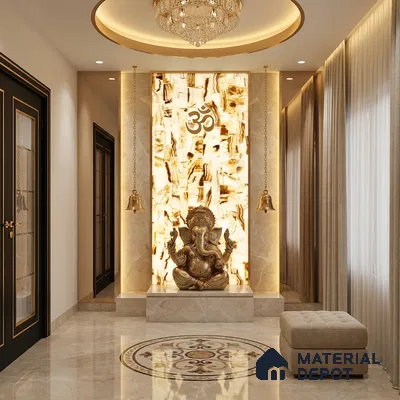Modern pooja room with backlit alabaster panel, beige marble cladding, and decorative marble inlay flooring