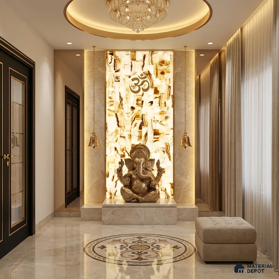 Modern pooja room with backlit alabaster panel, beige marble cladding, and decorative marble inlay flooring