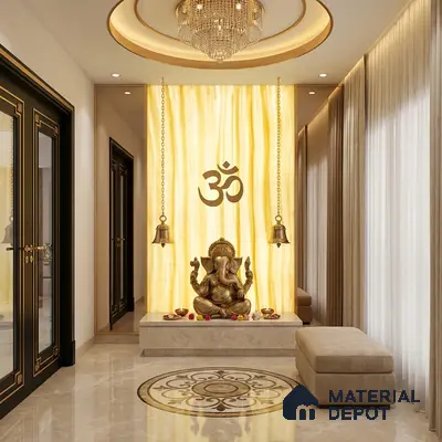 Modern pooja room with backlit alabaster panel, marble flooring, and gold accents