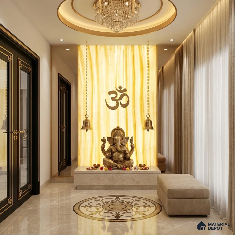 Modern pooja room with backlit alabaster panel, marble flooring, and gold accents