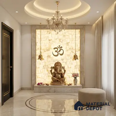 Modern pooja room with backlit alabaster panel, marble flooring, and gold accents
