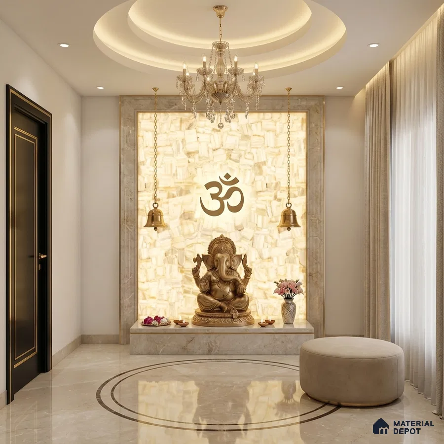 Modern pooja room with backlit alabaster panel, marble flooring, and gold accents