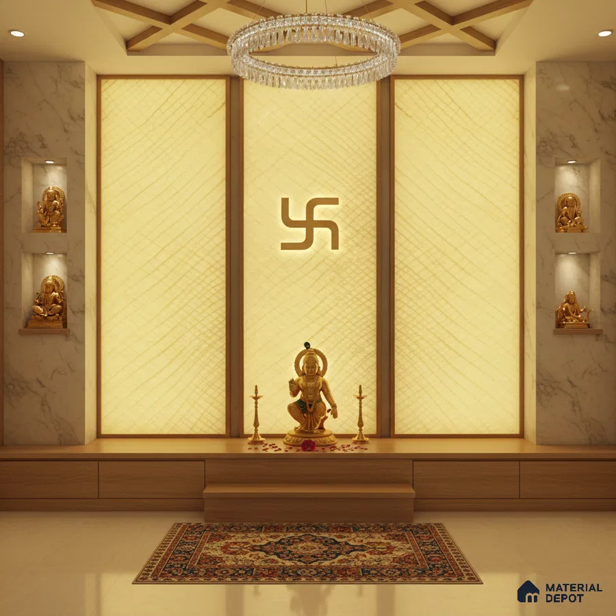 Modern pooja room with backlit alabaster panel, marble wall cladding, and wooden laminate platform