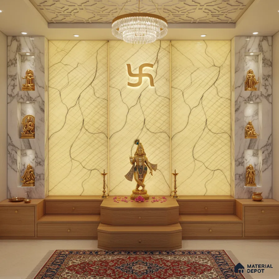 Modern pooja room with backlit alabaster panel, marble wall cladding, and wooden storage