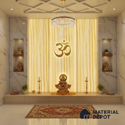 Modern pooja room with backlit alabaster panel, marble wall tiles, and light wood laminate storage