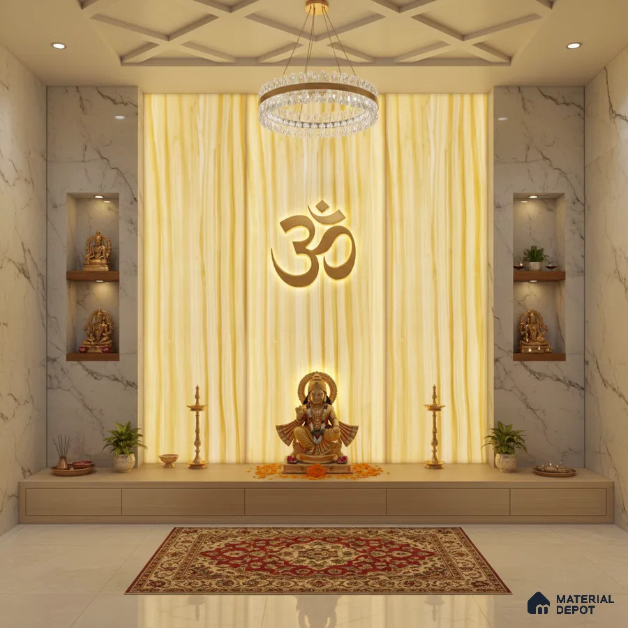 Modern pooja room with backlit alabaster panel, marble wall tiles, and light wood laminate storage