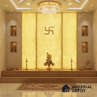 Modern pooja room with backlit alabaster panel, marble wall tiles, and wooden laminate platform