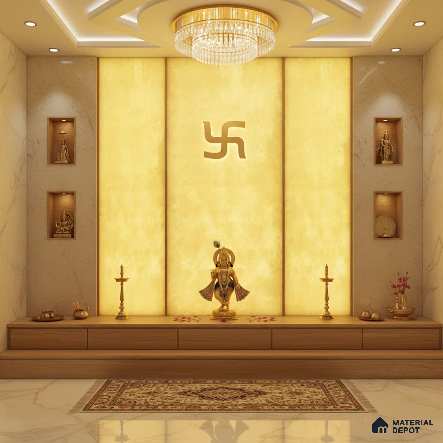 Modern pooja room with backlit alabaster panel, marble wall tiles, and wooden laminate platform