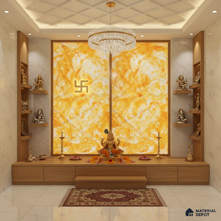 Modern pooja room with backlit alabaster panel, marble wall tiles, and wooden laminate storage
